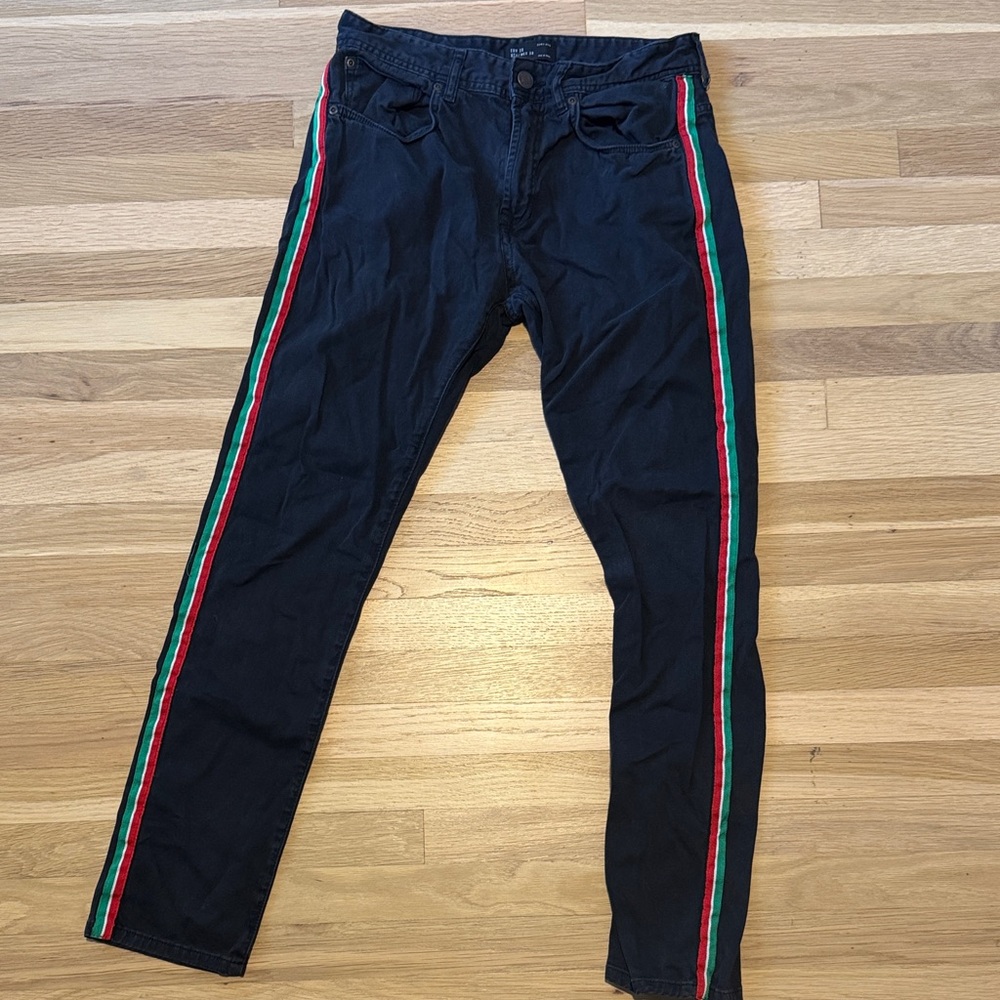 Zara Black Jeans with Red and Green Stripes
